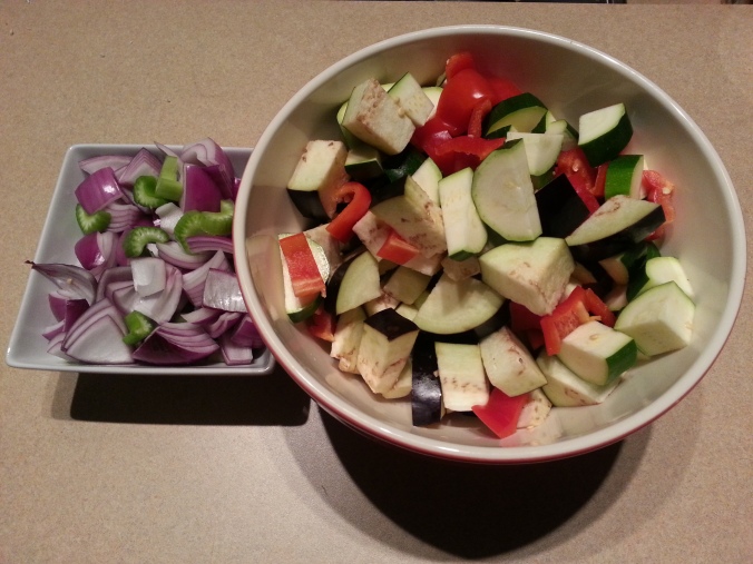 chopped veggies for vegetarian eggplant, potato and pepper stew