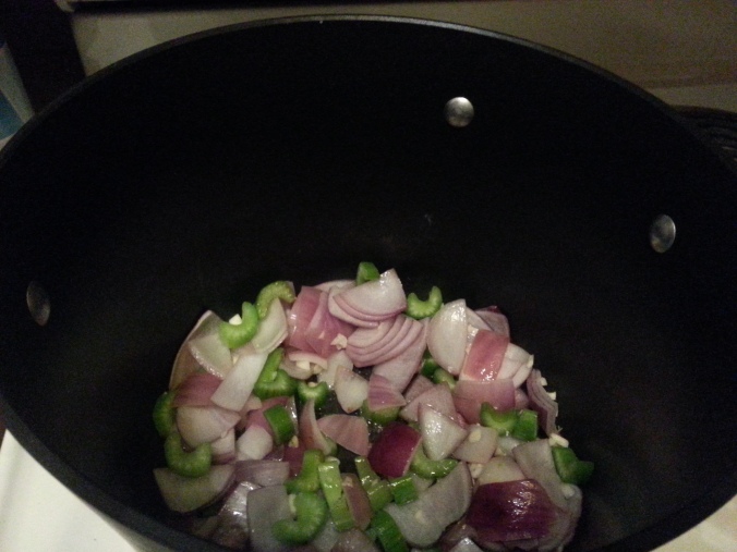 celery, onion and garlic for chopped veggies for vegetarian eggplant, potato and pepper stew