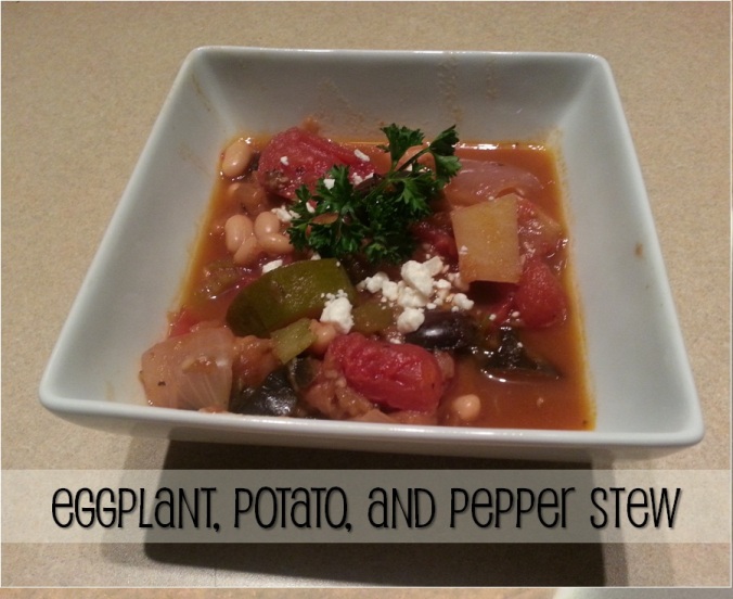 vegetarian eggplant, potato and pepper stew labeled