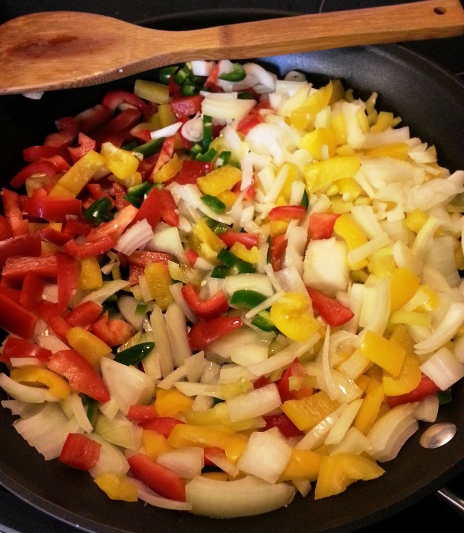 sautee veggies in olive oil. add spices as veggies start to soften.